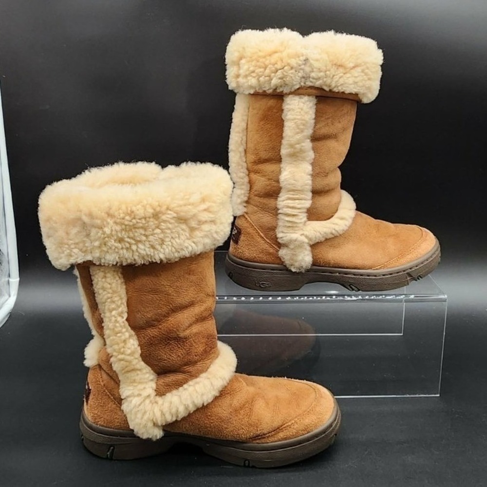 UGG Sunburst Tall Chestnut Suede Sheepskin Fur Winter Boots 5218 Womens 7 - Picture 2 of 8